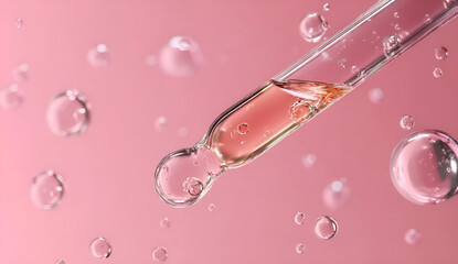 A close-up of a dropper with liquid, creating bubbles against a soft pink background for scientific and cosmetic themes.