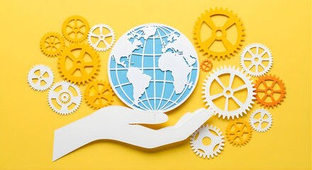 Illustration of a hand holding a globe surrounded by gears, symbolizing global cooperation, innovation, and the interconnectedness of the world's systems and industries on a yellow background