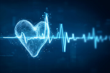 A glowing heart symbol with an electrocardiogram line, representing health and medicine in a digital style.