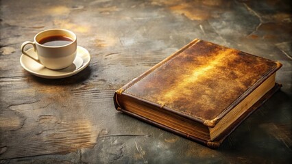 A cup of coffee rests beside an antique leather-bound book on a rustic wooden surface