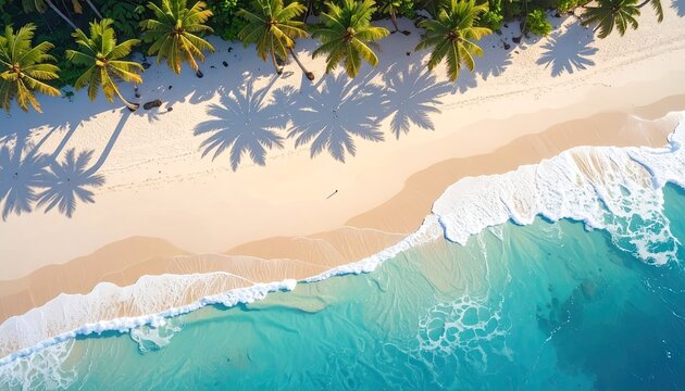 Aerial view of a tropical island coastline with palm trees casting shadows on a white sand beach beside turquoise ocean waves during daytime