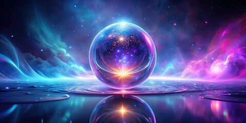 A luminous orb, encapsulating a vibrant cosmos, rests serenely upon a tranquil, reflective body of water, under a breathtaking, multicolored nebula.