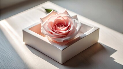 A single pale pink rose nestled gently inside a pristine white box, bathed in soft sunlight.