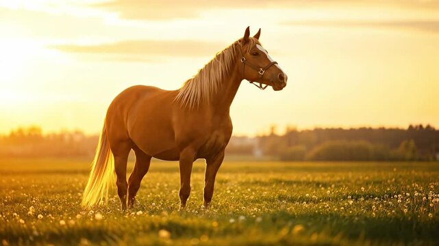 A Majestic Chestnut Horse Standing Gracefully in a Sunlit Meadow at Dusk, Surrounded by Vibrant Dandelions and Bathed in the Warm Glow of the Setting Sun