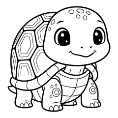 Fototapeta premium Cute cartoon turtle outline smiling with big eyes and patterned shell tortoise animal