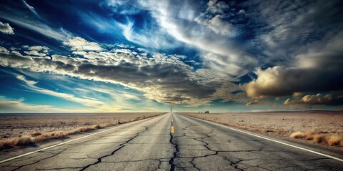 A scenic highway stretches endlessly across a vast, arid landscape under a dramatic sky filled with vibrant clouds