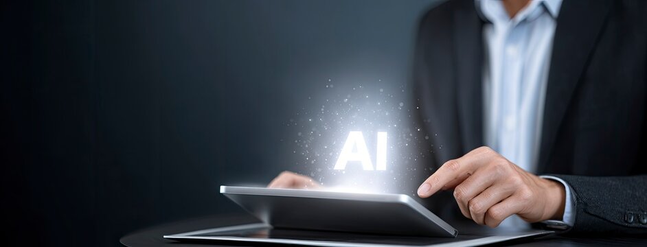 Business person interacting with tablet showing advanced technology - Powered by Adobe