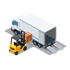 Fototapeta premium Isometric Forklift Loading Cardboard Boxes into White Delivery Truck
