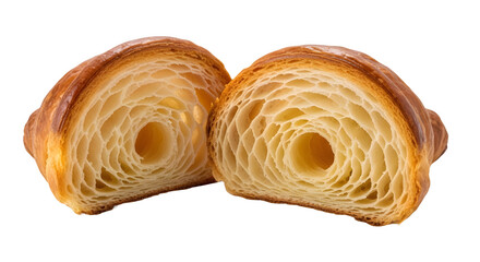 Fototapeta premium Classic Golden Brown Croissant Cut in Half Revealing Flaky Interior Product Shot isolated PNG with Transparent Background