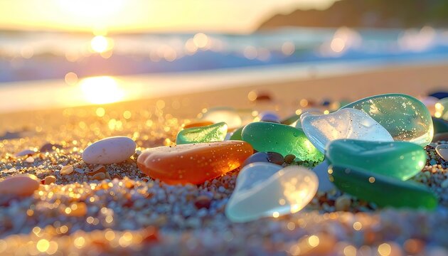 Close up of colorful sea glass smoothed by ocean waves on a sandy beach during golden hour sunset with bokeh effects - Powered by Adobe