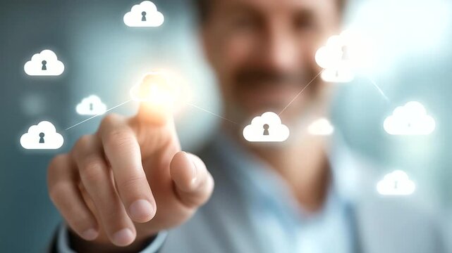 Modern cloud technology with secure data icons defocused, faceless storage solution, collaboration visualization detail, blurred digital background, easy access concept, business e
