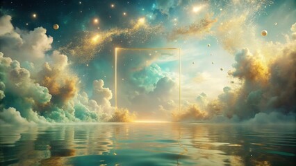 Golden Celestial Gateway Reflecting in Tranquil Waters, a Dreamlike Vision of Otherworldly Beauty and Serenity