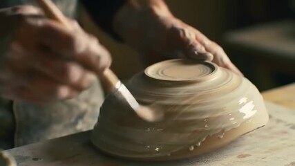Artisan gently applying a smooth finish to a handcrafted ceramic bowl with a brush, showcasing the intricate detail and dedication of pottery making