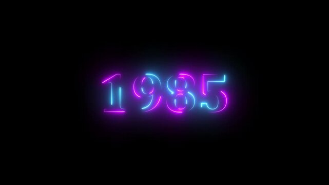 1985 neon line text. Abstract 1985 neon text animation ,For neon color Glowing neon number text background 4k video animation . 1985 title metal text on glowing text animation black background