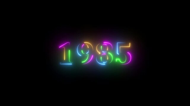 1985 neon line text. Abstract 1985 neon text animation ,For neon color Glowing neon number text background 4k video animation . 1985 title metal text on glowing text animation black background