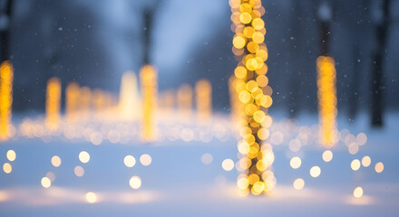 Winter wonderland christmas scene with illuminated pine trees and twinkling fairy lights decorations.