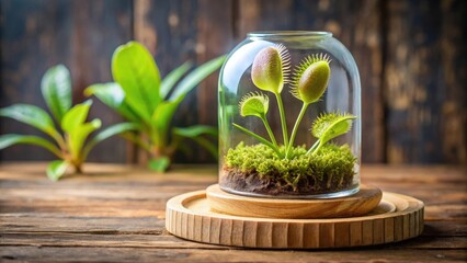 Enclosed Venus Flytraps Thriving in a Glass Terrarium on Rustic Wooden Surface