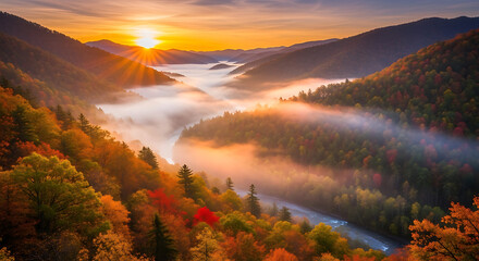 Sunrise over misty mountain valley