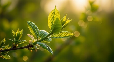 Vibrant green spring leaves unfurling in soft golden sunlight