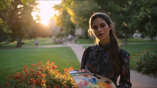 A woman stands in a garden at sunset, holding a paint palette filled with colorful paints. The vibrant colors on the paint palette capture the beauty of the lush garden around the - Powered by Adobe