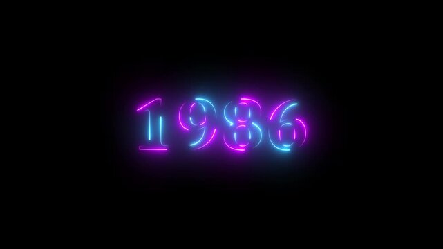 1986 neon line text. Abstract 1986 neon text animation ,For neon color Glowing neon number text background 4k video animation . 1986 title metal text on glowing text animation black background