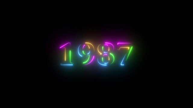 1987 neon line text. Abstract 1987 neon text animation ,For neon color Glowing neon number text background 4k video animation . 1987 title metal text on glowing text animation black background