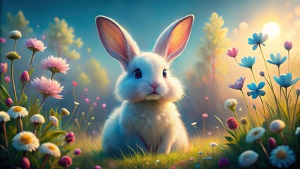 A Fluffy White Bunny Amidst a Field of Vibrant Blossoms at Sunrise