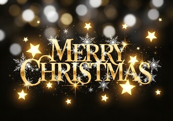 Festive golden text wishing Merry Christmas against a blurred background of sparkling lights