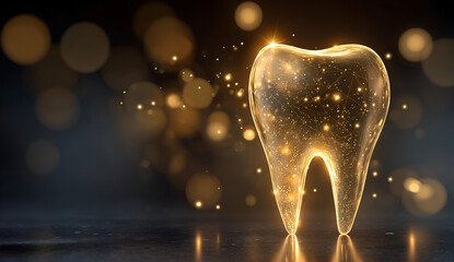 A glowing dental tooth design with sparkling elements, symbolizing dental care and hygiene.