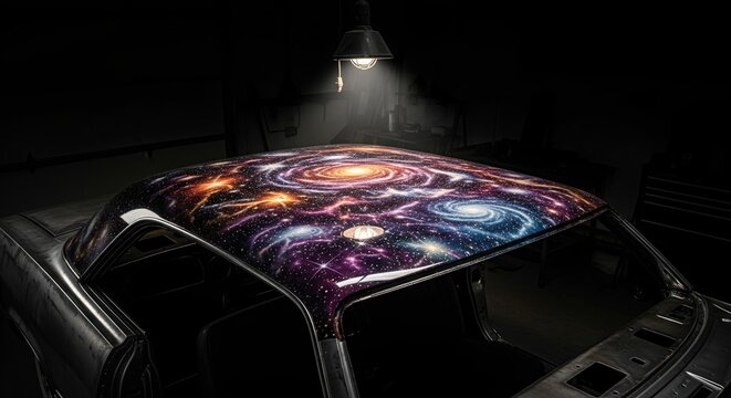 Custom car airbrushing with a vibrant galaxy and space theme on a car roof in a dark garage