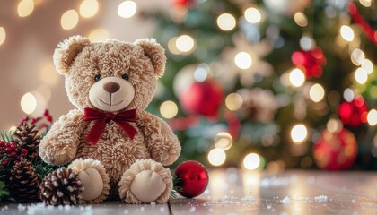 Christmas celebration with a plush teddy bear holiday home decor cozy indoor setting warm ambiance festive viewpoint