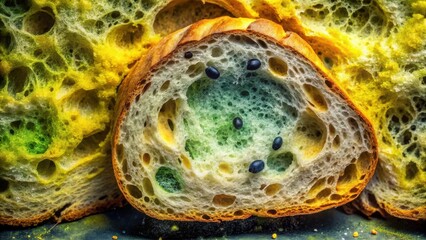 Close-up Detailed View of Spoiled Bread with Vibrant Green and Yellow Mold