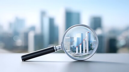 Close up view of a magnifying glass focusing on a conceptual bar chart within a miniature city skyline illustrating business analysis growth and financial investment