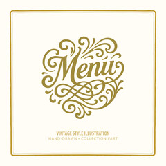 Hand-drawn “Menu” lettering in elegant vintage style with ornate flourishes and curves. Perfect for restaurant branding, wine lists, invitations, and decorative designs. Part of set.