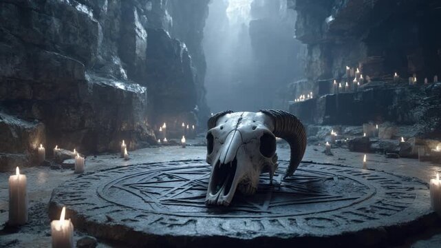 An imposing skull rests on a pentagram, surrounded by lit candles in a dark cave