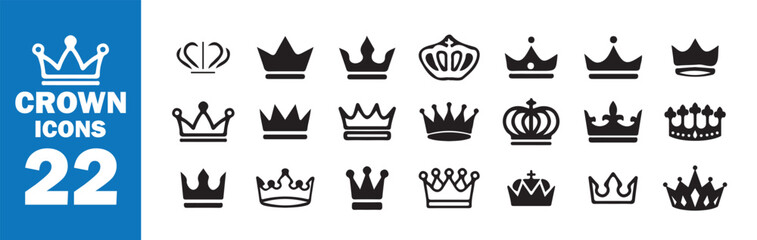 Crown Icon Set, Royal King and Queen Silhouette Collection