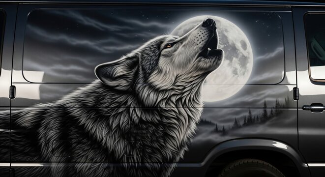 Custom airbrush art of a howling wolf and a full moon on the side of a black van vehicle