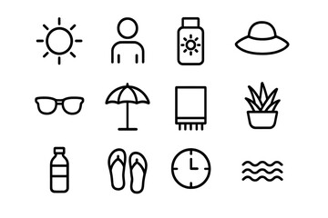 Beach Safety Icons. Beach safety. Line outline icon set of beach safety: sun, person, sunscreen bottle, hat,