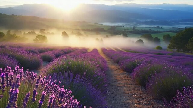 Slow cinematic camera move through lavender field at sunrise with foggy valley and distant mountains in warm golden morning light