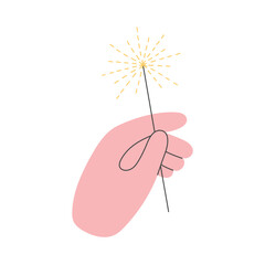 Hand holding a sparkler. Doodle style. New Year party, celebration, holiday concept