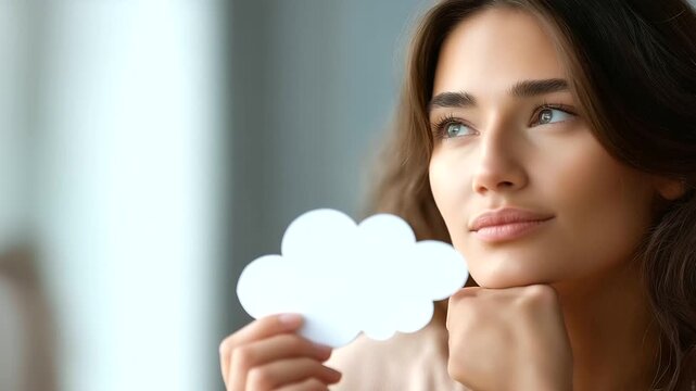 Woman looking at cloud cutout held by hand defocused home, faceless contemplation scene, cloud thinking visualization, blurred domestic background, thoughtful moment detail, digita