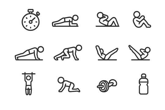 Core Exercise Icon Set. Fitness core challenge. Line outline icon set of fitness core challenge: stopwatch,
