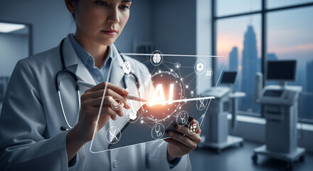 Digital Diagnosis: A determined doctor analyzes advanced medical data, symbolizing the future of healthcare innovation and tech. 