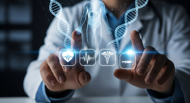 Digital Healthcare Innovation: A doctor's hands interact with a holographic interface, showcasing the fusion of medical science and technology