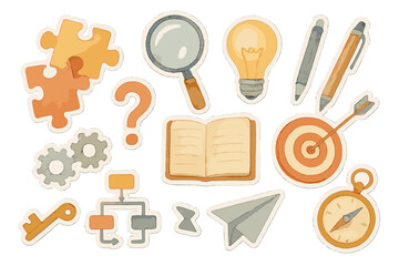 Watercolor Problem Solving Stickers. Problem Solving. Realistic hand-painted watercolor style sticker sheet of