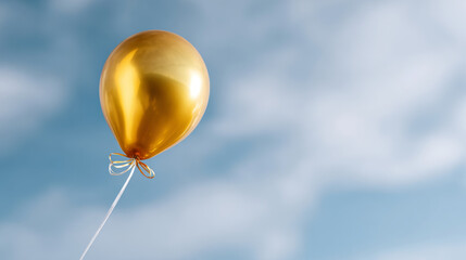 A golden balloon floating in the sky with a ribbon tied to it's string