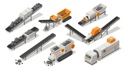 Industrial conveyor systems isometric design featuring quarry equipment and machinery