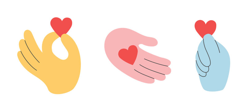 Set of hands holding hearts. Doodle style. Love, care and empathy concept. 