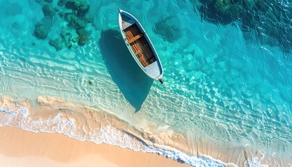 Aerial View Of A Small Wooden Boat Adrift In Crystal Clear Turquoise Water Off A Sandy Beach At Sunrise