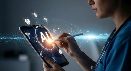 AI in Healthcare Diagnosis: A medical professional uses a tablet displaying AI interface with medical icons.